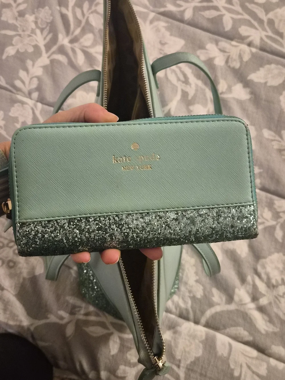 Kate Spade Mint Green Glitter Bottom Tote And Matching Wallet